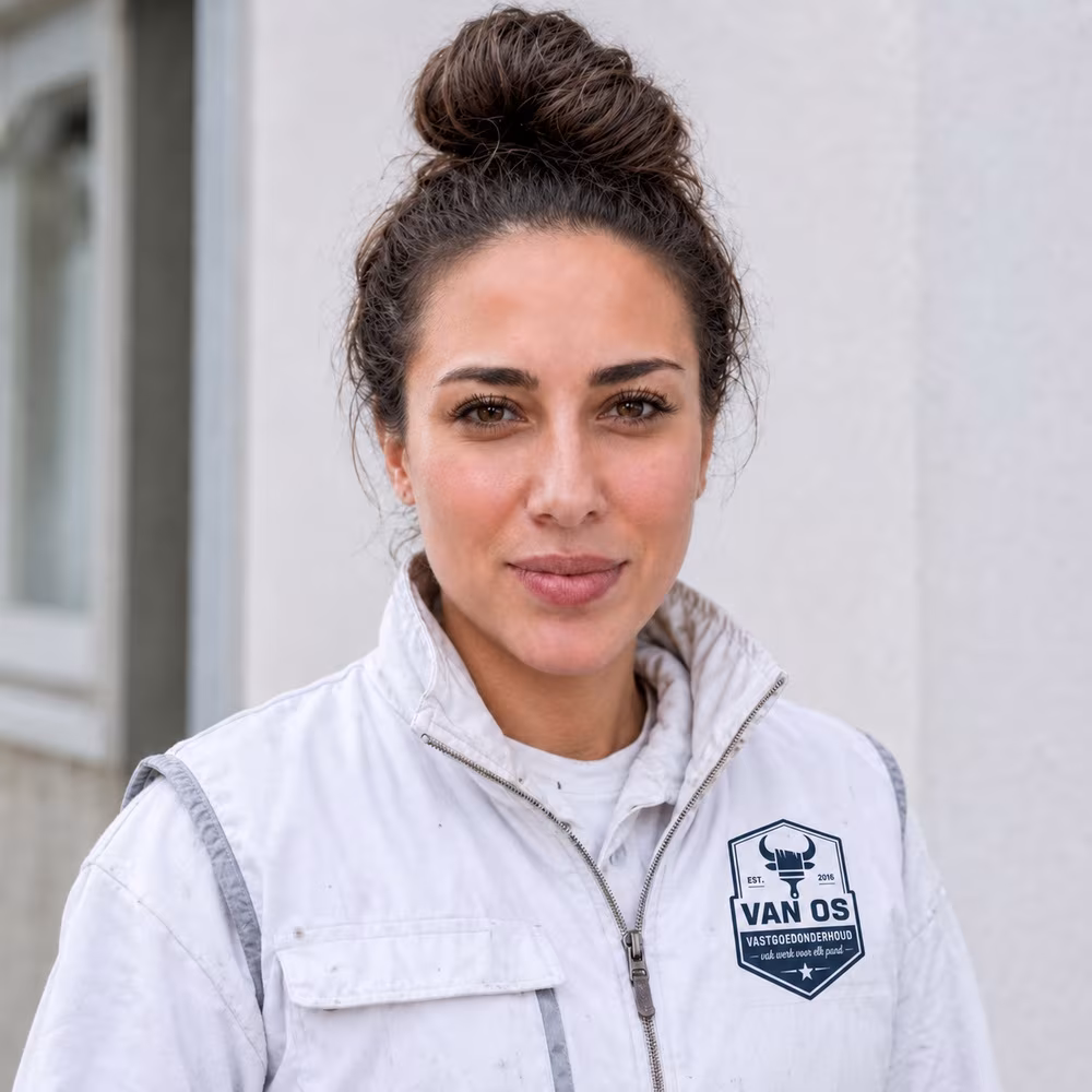 Dilara, oprichter van Van Os Vastgoedonderhoud, in bedrijfskleding voor een woning
