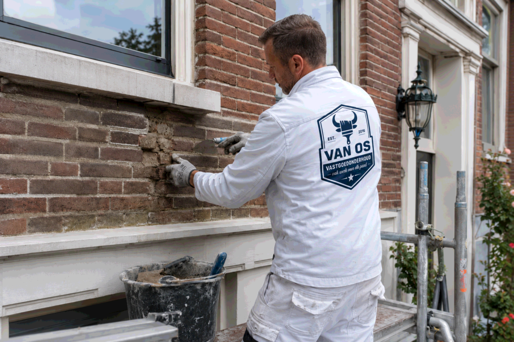 Schilder van Van Os herstelt het metselwerk onder een raamdorpel aan een bakstenen gevel in Amsterdam
