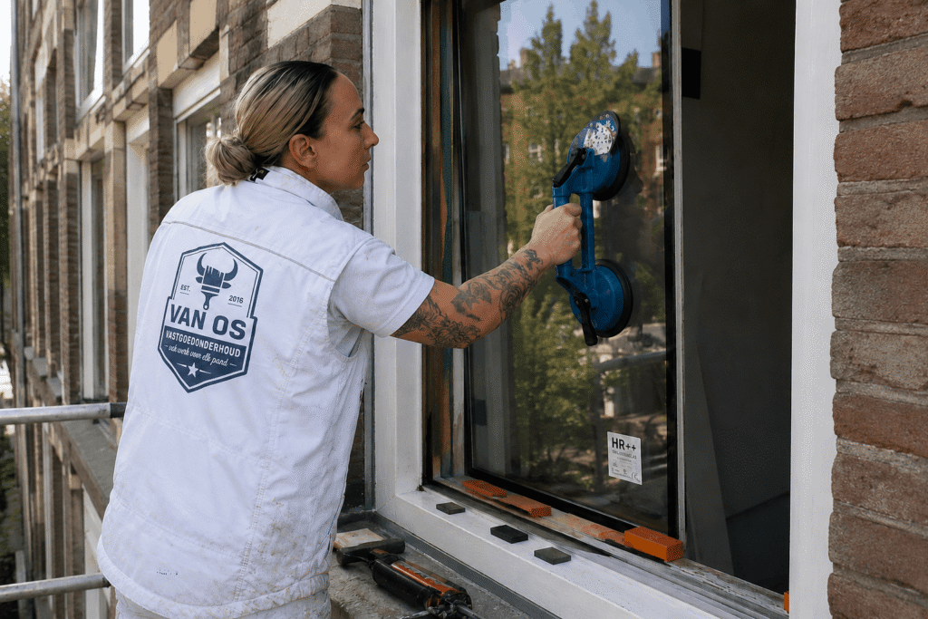 Schilder van Van Os plaatst met glaszuigers een HR++ ruit in een houten kozijn aan een gevel in Amsterdam