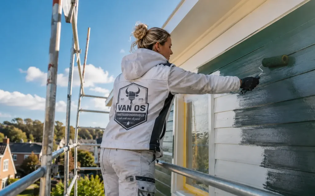 Van Os schilder rolt verf op een houten gevelbeschieting tijdens buitenschilderwerk in Amsterdam