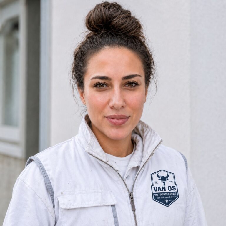 Dilara, oprichter van Van Os Vastgoedonderhoud, in bedrijfskleding voor een woning
